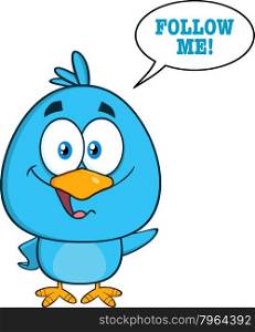 Cute Blue Bird Cartoon Character Waving With Speech Bubble And Text