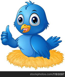 Cute blue bird cartoon giving a thumbs up in the nest