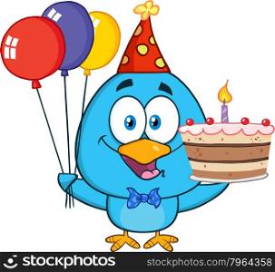 Cute Blue Bird Holding Up A Colorful Balloons And Birthday Cake