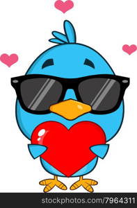 Cute Blue Bird With Sunglasses Cartoon Character Holding A Love Heart