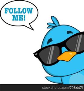 Cute Blue Bird With Sunglasses Cartoon Character Looking From A Corner With Speech Bubble And Text