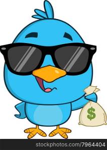 Cute Blue Bird With Sunglasses Character Holding A Bag Of Money