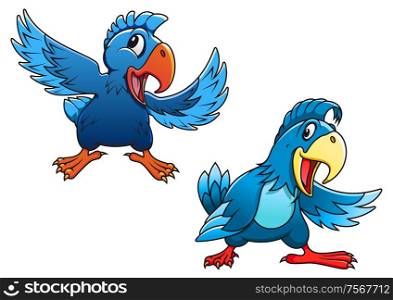 Cute blue cartoon parrot birds characters with curved beaks and different wing positions, vector illustration on white