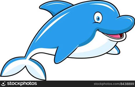Cute Blue Dolphin Fish Cartoon Character Jumping. Vector Hand Drawn Illustration Isolated On White Background