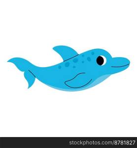 Cute blue dolphin swimming, marine animal. Giant inhabitants of sea, ocean underwater life. Childish aquatic mammals print for nursery, kids apparel, poster, postcard, pattern. Cartoon vector.