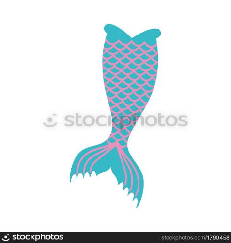 Cute blue mermaid tail with pink squama isolated on white background. Design element for girls sea party, greeting card or t-shirt print. Vector flat illustration.. Cute blue mermaid tail with pink squama isolated on white background. Design element for girls sea party, greeting card or t-shirt print. Vector flat illustration