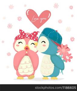 cute blue penguin boy with flower kiss happy pink penguin girl with big Love