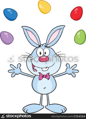 Cute Blue Rabbit Cartoon Character Juggling With Easter Eggs