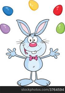 Cute Blue Rabbit Cartoon Character Juggling With Easter Eggs