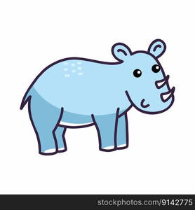 Cute blue rhino.  African animal. Vector illustration for children. Hand drawn sticker.