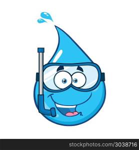 Cute Blue Water Drop Cartoon Mascot Character With Snorkel. Vector Illustration Isolated On White Background