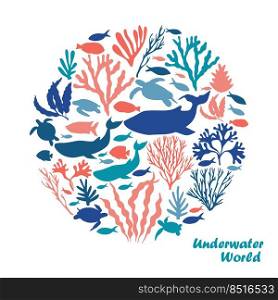 Cute blue whale, fish, and corals. World Ocean Day June 8.. Cute blue whale, fish, and corals. World Ocean Day June 8. Tropical square poster with underwater world and marine animals and seaweed. Vector illustration for design, decor, flyer.