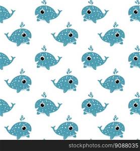 Cute blue whale on a white background. Vector seamless pattern. For fabric, baby clothes, background, textile, wrapping paper and other decoration.  