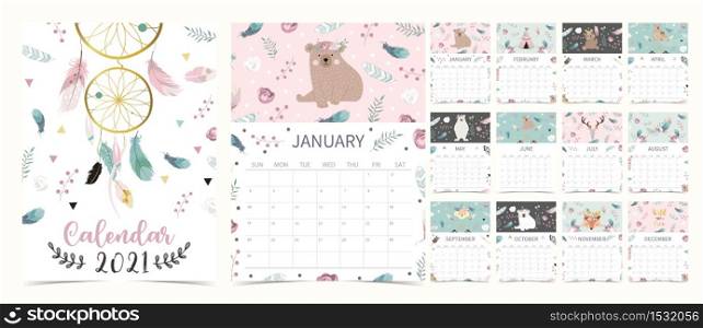 Cute boho calendar 2021 with bear, dreamcatcher, feather for children, kid, baby