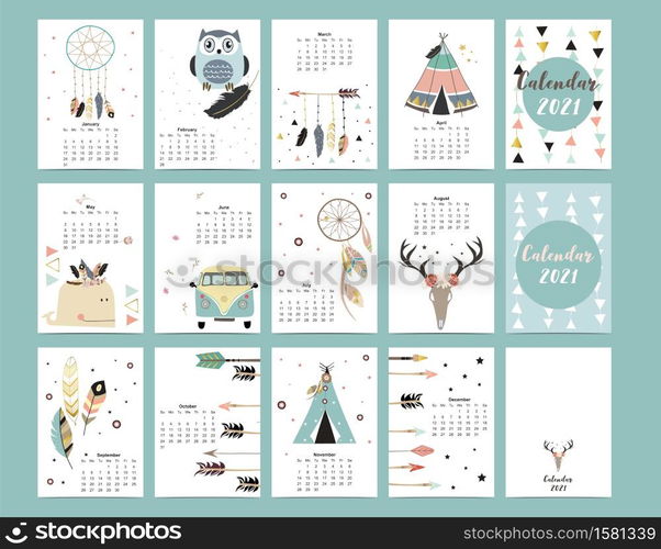 Cute boho calendar 2021 with feather,catcher,wild,wreath for children, kid, baby.Can be used for printable graphic.Editable element