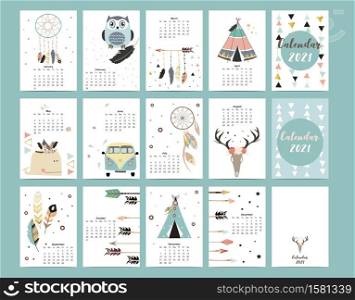 Cute boho calendar 2021 with feather,catcher,wild,wreath for children, kid, baby.Can be used for printable graphic.Editable element