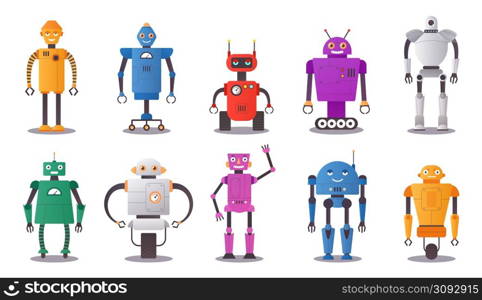 Cute bot. Cartoon human android and robot assistant characters. Funny futuristic AI chatbots. Tech support mascots. Automation robotic toys. Artificial intelligence. Vector isolated happy cyborgs set. Cute bot. Cartoon human android and robot assistant characters. Funny futuristic AI chatbots. Tech support mascots. Automation toys. Artificial intelligence. Vector isolated cyborgs set