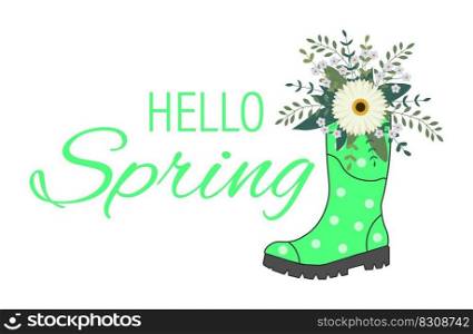 Cute bouquet in green rubber boots. Gardening boot with flowers. Spring Concept. Vector Illustration.