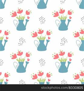 Cute bouquet in watering can. Seamless pattern. Printing on fabric and wrapping paper.