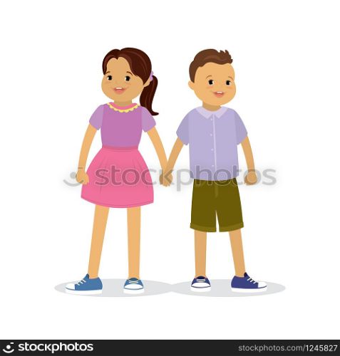 Cute Boy and girl stand holding hands,kids characters,isolated,flat vector illustration