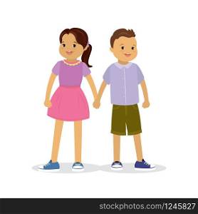 Cute Boy and girl stand holding hands,kids characters,isolated,flat vector illustration