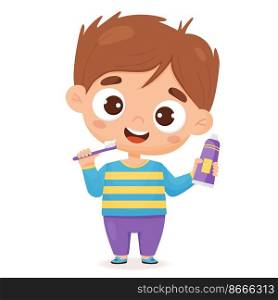 Cute boy brushes her teeth. Concept of hygiene, personal care and beauty. Vector illustration in cartoon style for design, decor, print and kids collection, postcards
