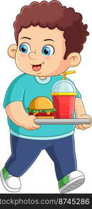 Cute boy carrying and ordering junk food of illustration