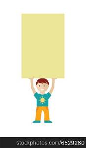 Cute Boy Character Holding Blank Message Board. Smiling cute boy character holding blank cardboard placard above head flat vector illustration isolated on white background. Message board with copy space. Presentation, advertising, promotions design. Cute Boy Character Holding Blank Message Board