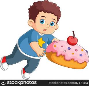 Cute boy holding a big doughnut and slipping of illustration