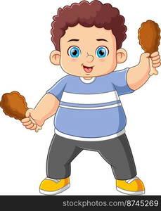 Cute boy holding two fried chicken of illustration