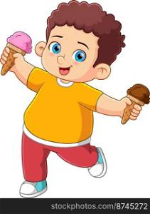 Cute boy holding two ice cream of illustration