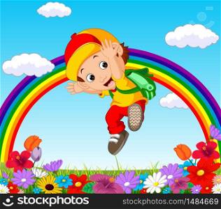 Cute boy in a flower garden with rainbow
