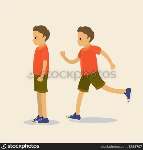 Cute boy is standing and active,profile view,isolated,flat vector illustration