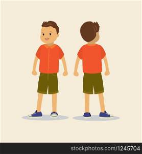 Cute boy is standing,front and back view,isolated,flat vector illustration