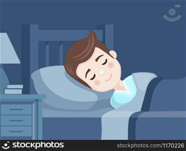 Cute boy sleeping in bed. Bedroom at night. Sweet dreams. Vector illustration