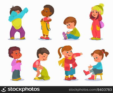 Cute boys and girls dressing up. Funny kids put on clothes and shoes. Happy children change clothing. Independence little people. Happy self-reliant babies with sweaters and pants. Splendid vector set. Cute boys and girls dressing up. Kids put on clothes and shoes. Happy children change clothing. Independence little people. Self-reliant babies with sweaters and pants. Splendid vector set