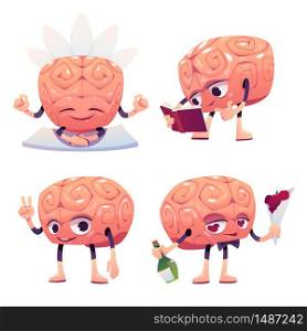 Cute brain character in different poses. Vector set of cartoon chat bot, funny human brain reading book, meditating, showing victory sign and falling in love. Creative emoji set, smart mascot. Cute brain character in different poses
