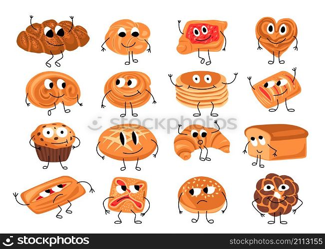 Cute bread characters. Funny bakery characters with smile faces hands and legs, cartoon bread, poppy seed bun, cinnamon bun, mascots. Vector set cute isolated bakery characters. Cute bread characters. Funny bakery characters with smile faces hands and legs, cartoon, bread, poppy seed bun, cinnamon bun, mascots. Vector set