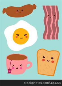 Cute breakfast icons. Funny toast bread, cup of tea, sausages, fried egg, bacon. Kawaii style symbols. Cute breakfast icons. Funny toast bread, tea, egg