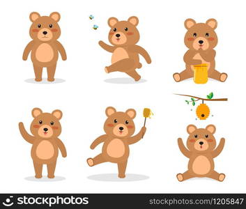 Cute brown bear cartoon vector set in different emotion isolated on white background - Vector illustration