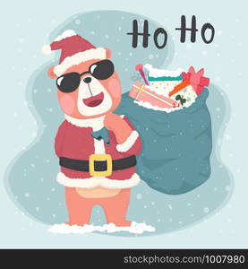 cute brown bear Santa wear sun glasses and hold sack bag of gifts, merry Christmas card and banner, flat vector