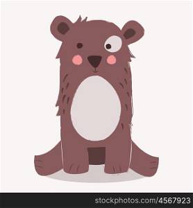 Cute brown bear sitting on the ground on beige background, vector illustration