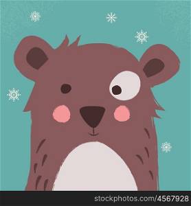 Cute brown bear with snowflakes on blue background, vector illustration
