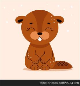 Cute brown beaver in cartoon flat style. Forest animals. Vector illustration for nursery, print on textiles.