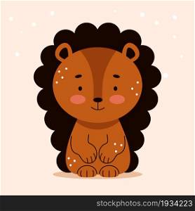 Cute brown hedgehog in cartoon flat style. Forest animals. Vector illustration for nursery, print on textiles.
