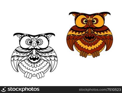 Cute brown owl bird cartoon character with striped plumage in retro style with colorless outline variant, for education or childish design . Cartoon outline and brown owl bird