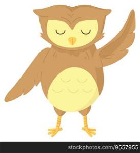 Cute brown owl raised the wing with closed eyes. Can be used as kids print. for nursery. Stock vector illustration isolated on white background in flat cartoon style. Cute brown owl raised the wing with closed eyes. Can be used as kids print. for nursery. Stock vector illustration isolated on white background in flat cartoon style.