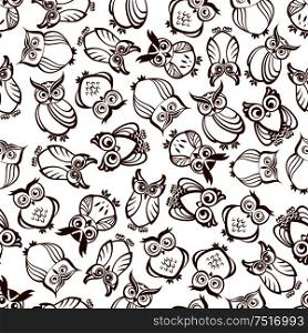 Cute brown owls seamless pattern with outline silhouettes of funny forest birds with ornamental feathering and amazed look. Use as nature background, retro wallpaper design. Cute outline brown owls seamless pattern