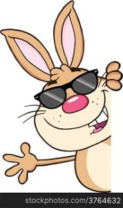 Cute Brown Rabbit With Sunglasses Looking Around A Blank Sign And Waving