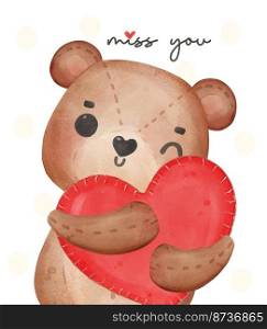 cute brown teddy bear squeezing hug red heart pillow, adorable cartoon watercolor hand drawn vector illustration 